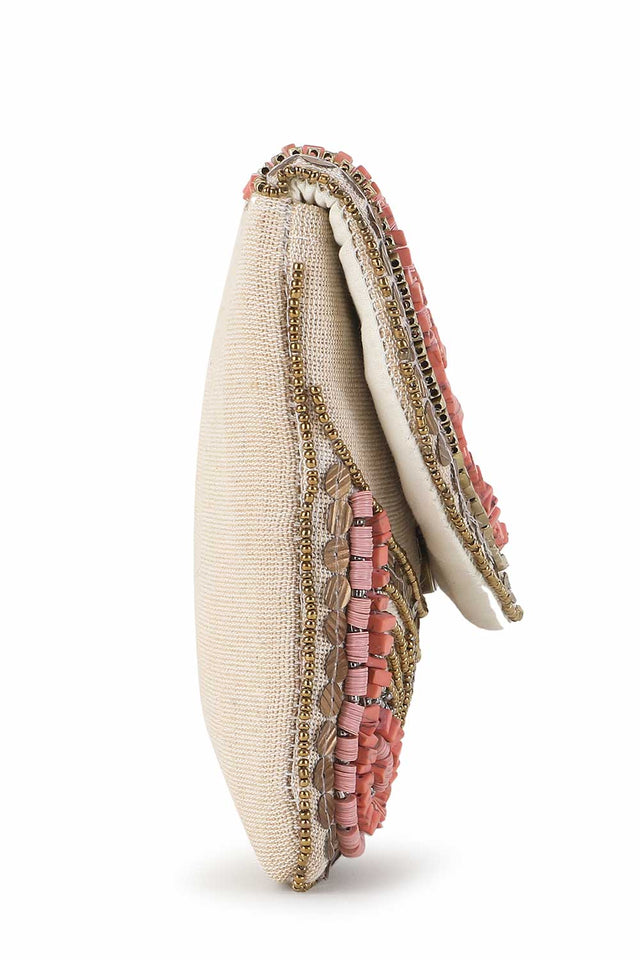 Beige And Dusky Pink Cotton Canvas Embellished Sling Bag (ADBT1006A)