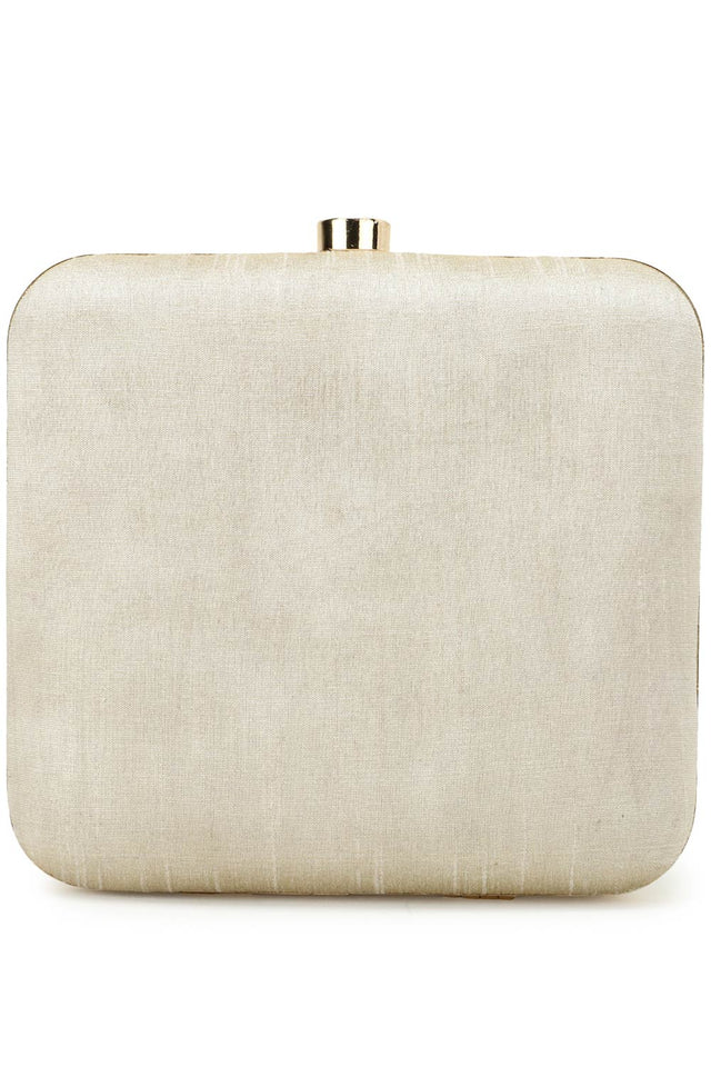 Vista Off White & Gold Embellished Faux Silk Clutch