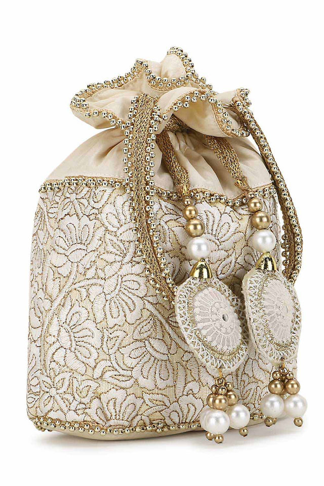 Cream And Gold Faux Silk Floral Embroidered Tasseled Potli