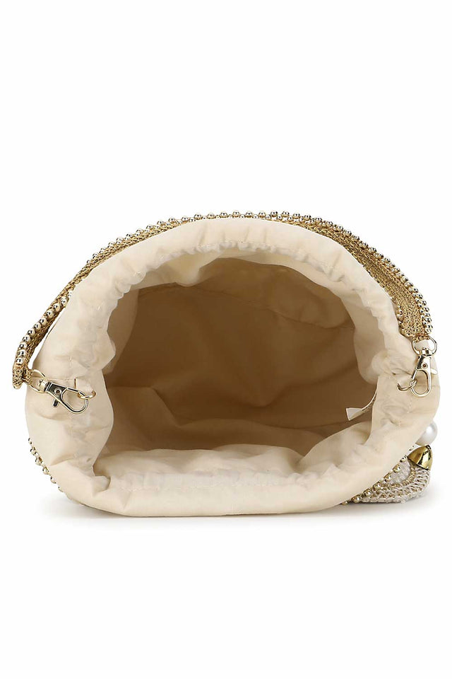 Cream And Gold Faux Silk Floral Embroidered Tasseled Potli