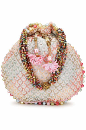 Off White And Pastel Multi Faux Silk Sequin Embroidered Potli