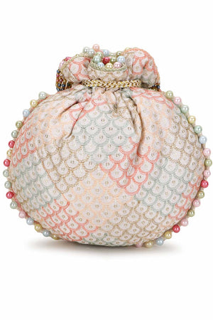 Off White And Pastel Multi Faux Silk Sequin Embroidered Potli
