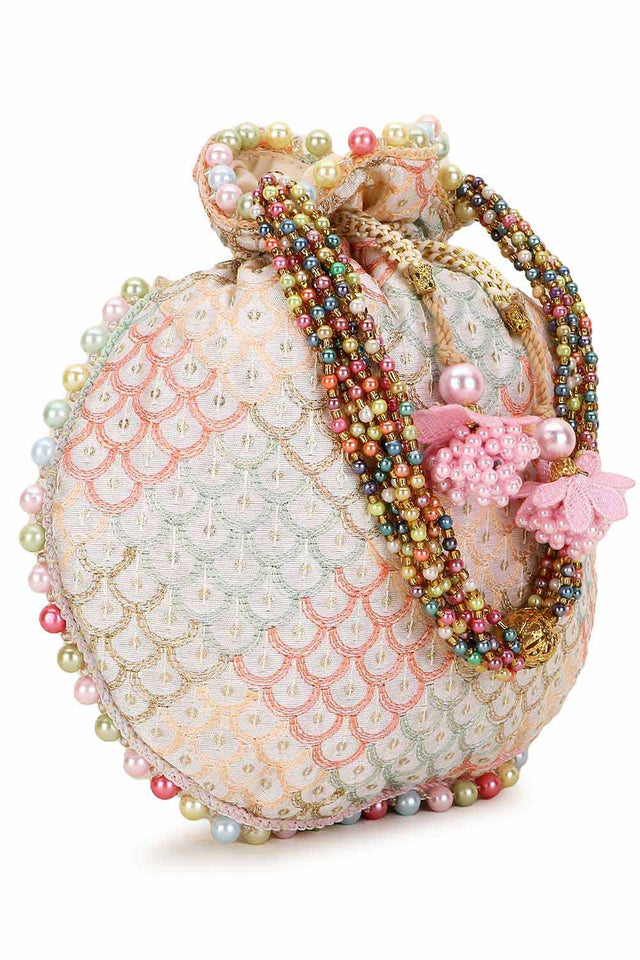 Off White And Pastel Multi Faux Silk Sequin Embroidered Potli