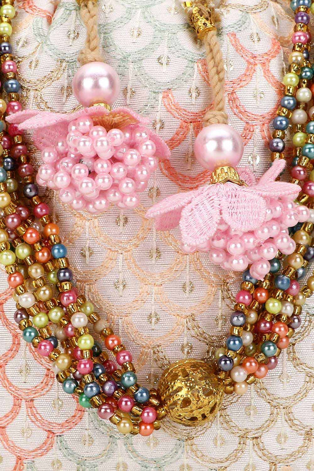 Off White And Pastel Multi Faux Silk Sequin Embroidered Potli