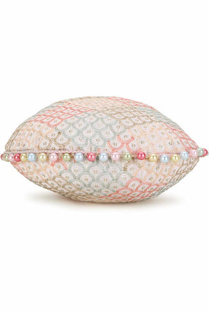 Off White And Pastel Multi Faux Silk Sequin Embroidered Potli