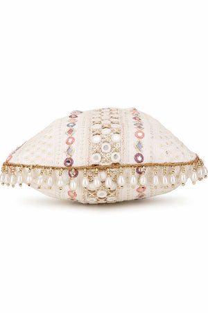 Off White And Multi Faux Silk Mirror Embellished Potli