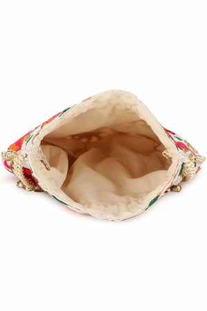 Cream And Multi Faux Silk Floral Embroidered Potli