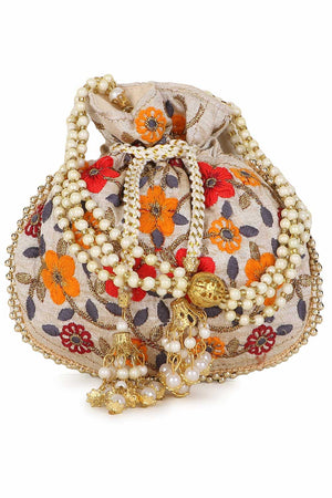 Cream And Multi Faux Silk Floral Embroidered Potli