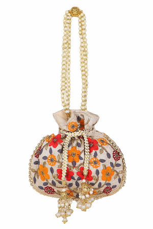 Cream And Multi Faux Silk Floral Embroidered Potli