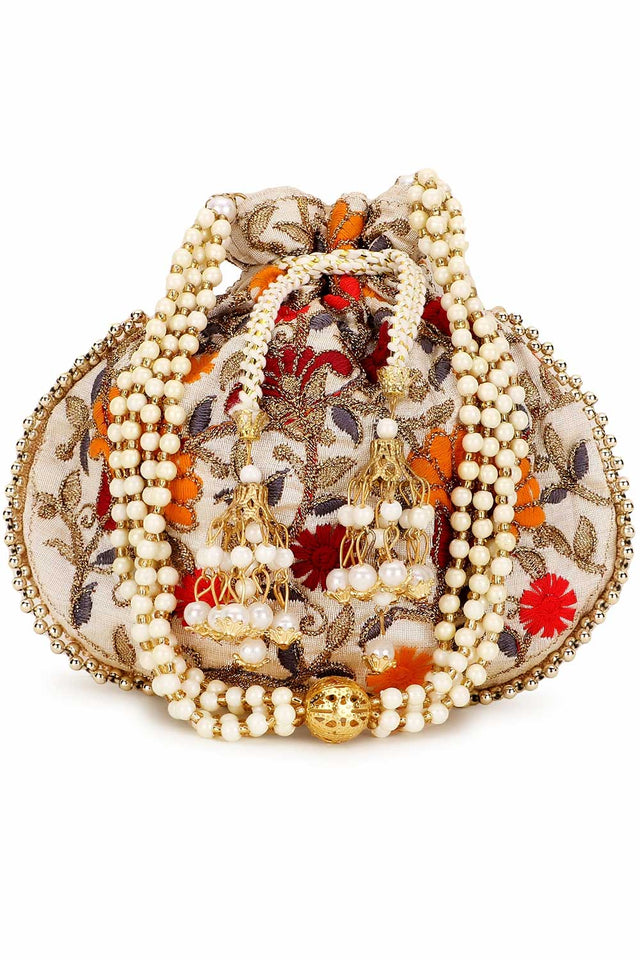 Cream And Multi Faux Silk Floral Embroidered Potli