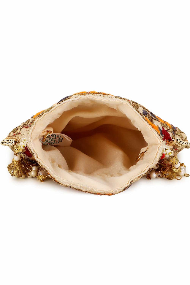 Cream And Multi Faux Silk Floral Embroidered Potli