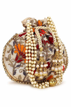 Cream And Multi Faux Silk Floral Embroidered Potli