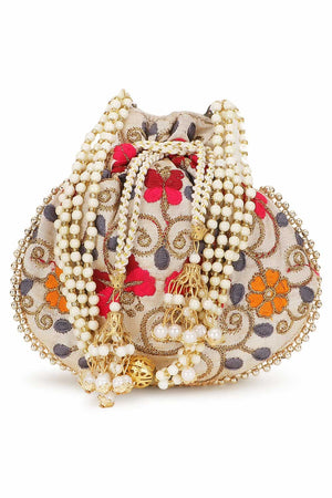 Cream And Multi Faux Silk Floral Embroidered Potli