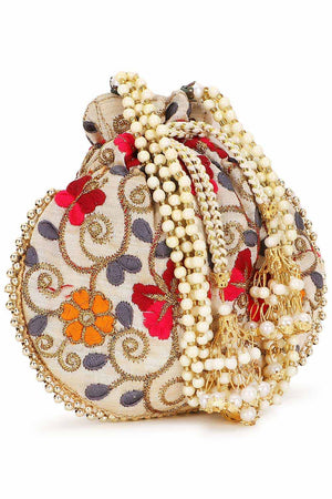 Cream And Multi Faux Silk Floral Embroidered Potli