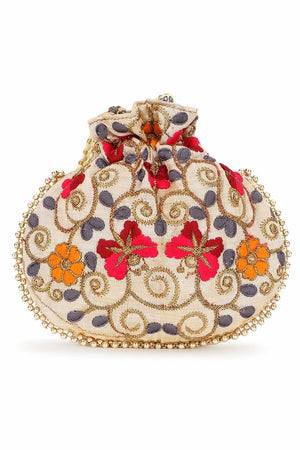 Cream And Multi Faux Silk Floral Embroidered Potli
