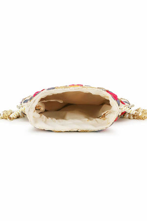 Cream And Multi Faux Silk Floral Embroidered Potli