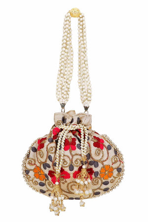 Cream And Multi Faux Silk Floral Embroidered Potli