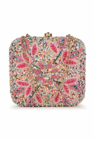 Pastel Pink And Multi Faux Silk Stone Embellished Clutch