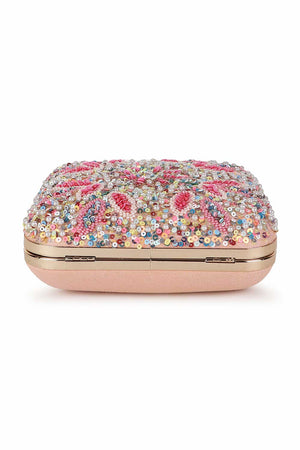 Pastel Pink And Multi Faux Silk Stone Embellished Clutch