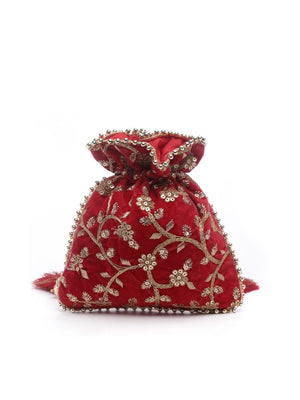 Red Faux Silk Floral Embroidered Potli