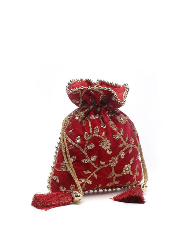 Red Faux Silk Floral Embroidered Potli