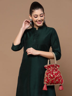 Red Faux Silk Floral Embroidered Potli