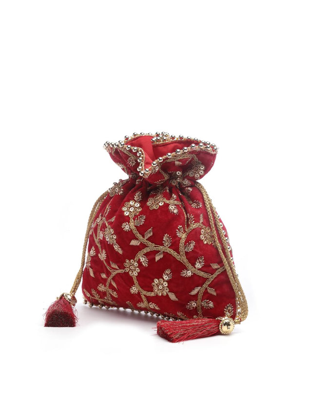 Red Faux Silk Floral Embroidered Potli