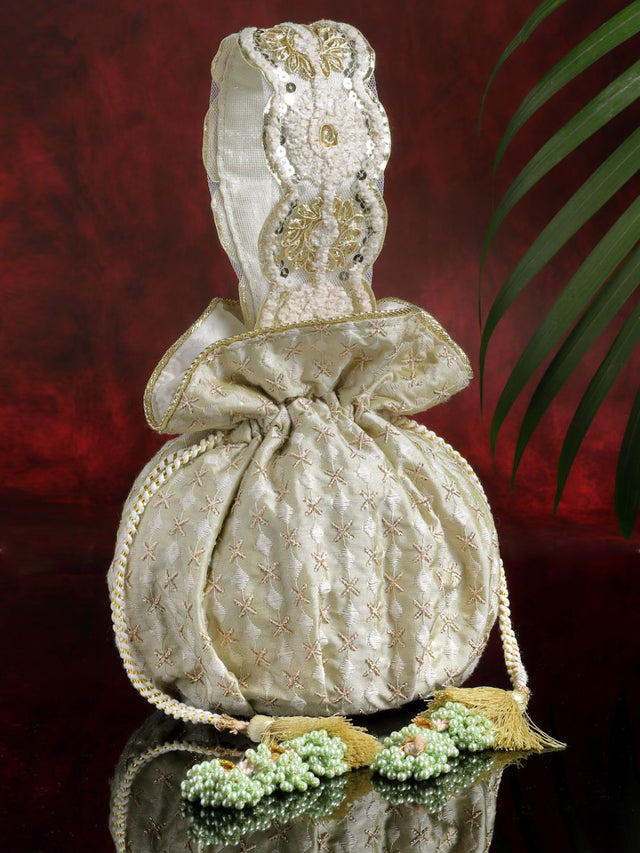 Green Faux Silk Ditsy Embroidered Potli