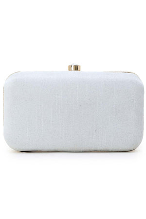 Adorn White & Gold Faux Silk Embellished Pearl Work Box Clutch