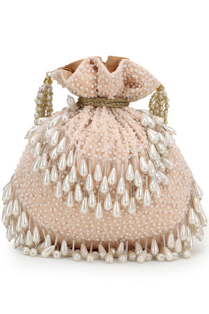 Dangle Peach & Off White Velvet Pearl Embellished Potli