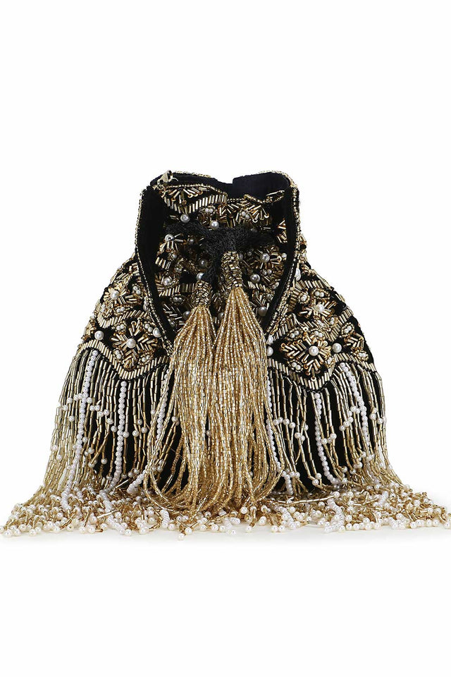 Black And Gold Velvet Ogee Embellished Potli