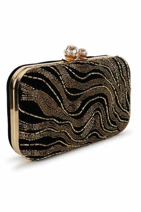 Black And Gold Velvet Abstract Embellished Clutch