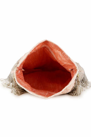 Peach And Silver Velvet Chevron Embellished Potli