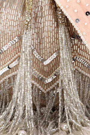 Peach And Silver Velvet Chevron Embellished Potli