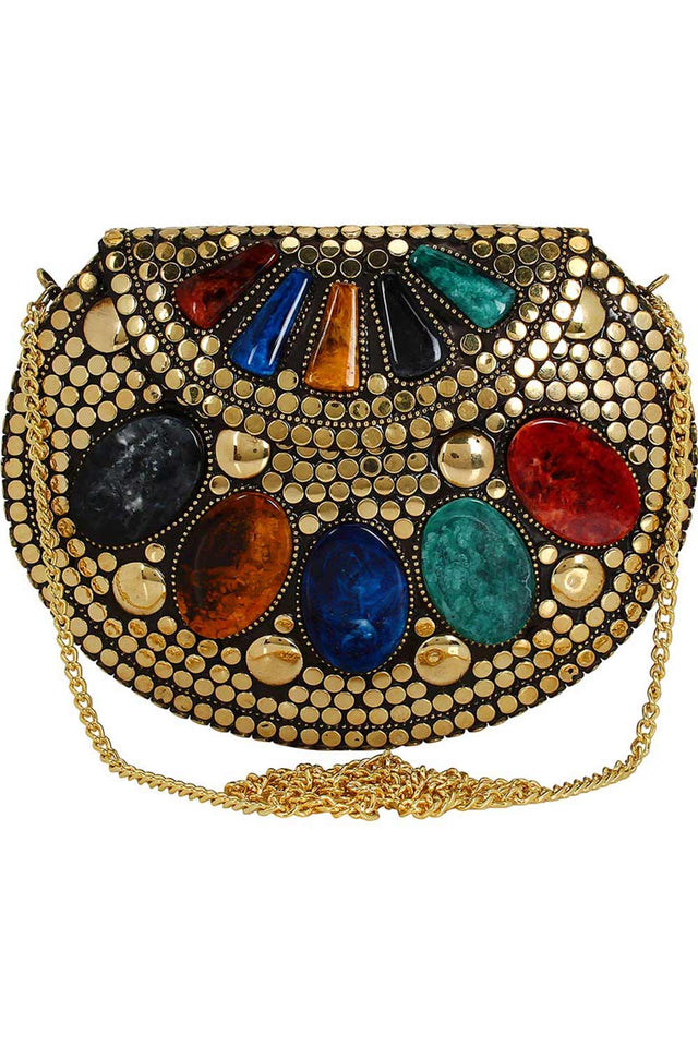 Jewel Mosaic Design Metal Work Party Clutch Bag Gold And Multi