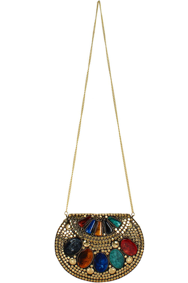 Jewel Mosaic Design Metal Work Party Clutch Bag Gold And Multi