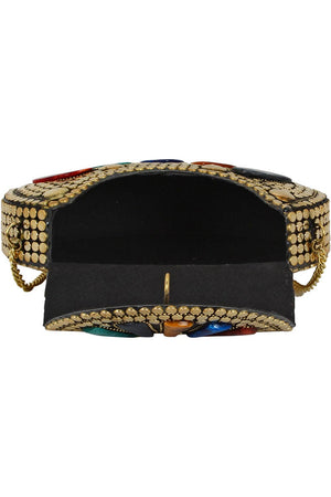 Jewel Mosaic Design Metal Work Party Clutch Bag Gold And Multi