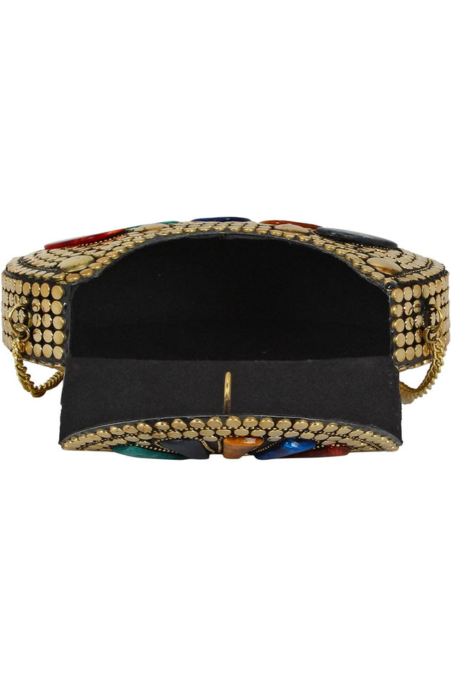Jewel Mosaic Design Metal Work Party Clutch Bag Gold And Multi