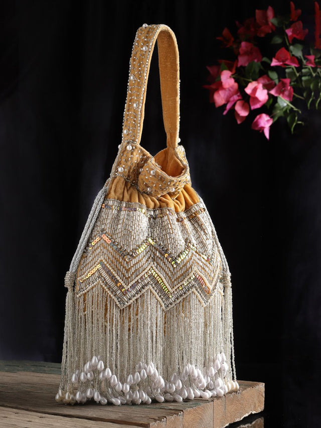 Beige Velvet Chevron Embellished Potli