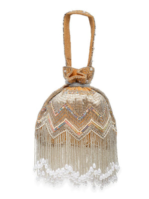 Beige Velvet Chevron Embellished Potli