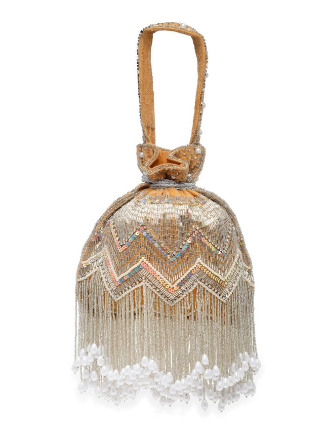 Beige Velvet Chevron Embellished Potli