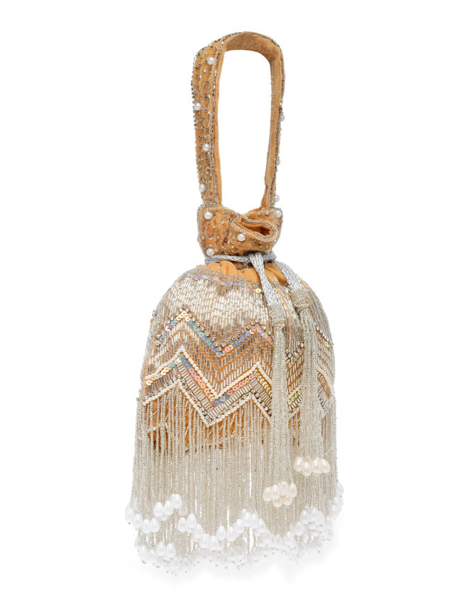 Beige Velvet Chevron Embellished Potli