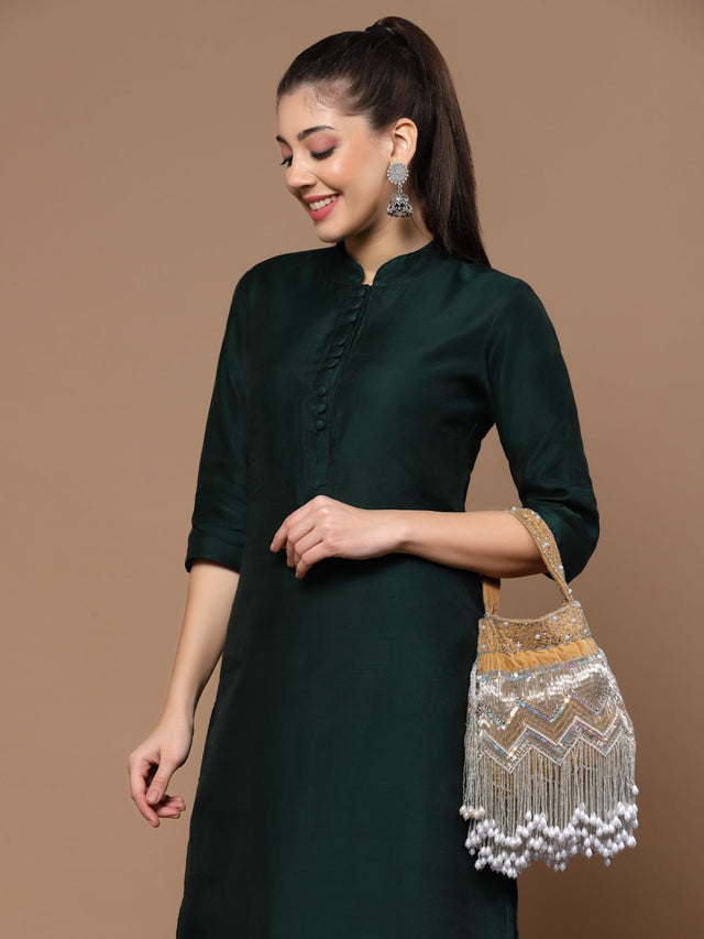 Beige Velvet Chevron Embellished Potli