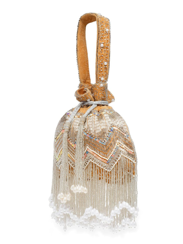 Beige Velvet Chevron Embellished Potli