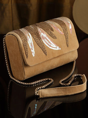 Beige Suede Abstract Embellished Clutch