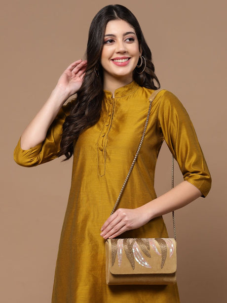 Beige Suede Abstract Embellished Clutch