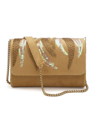 Beige Suede Abstract Embellished Clutch