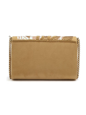 Beige Suede Abstract Embellished Clutch