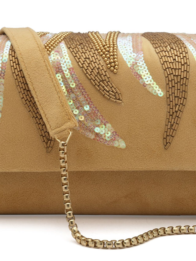 Beige Suede Abstract Embellished Clutch