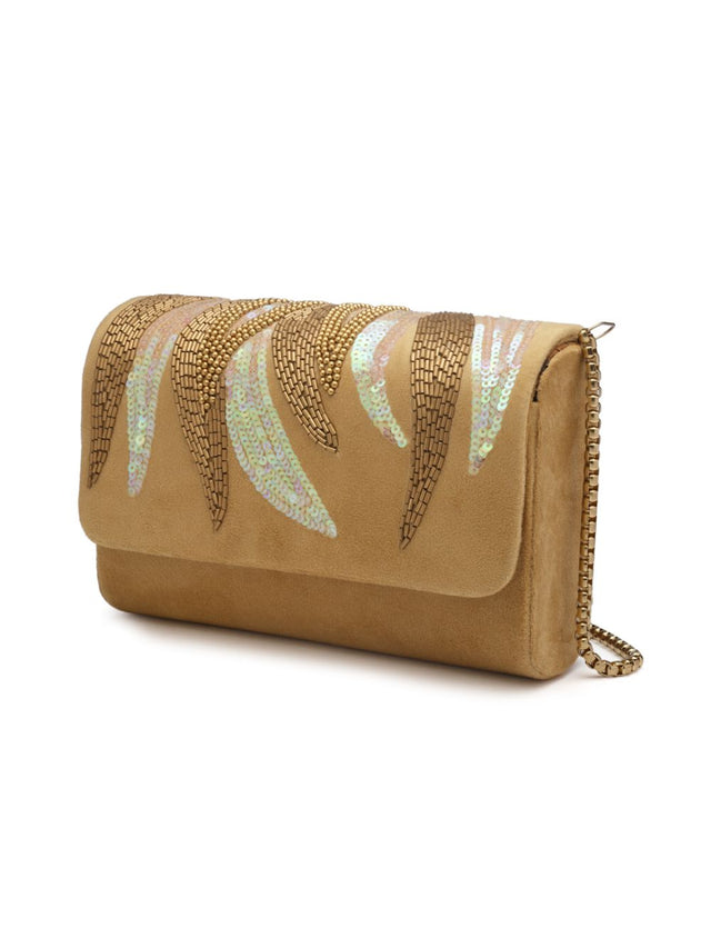 Beige Suede Abstract Embellished Clutch